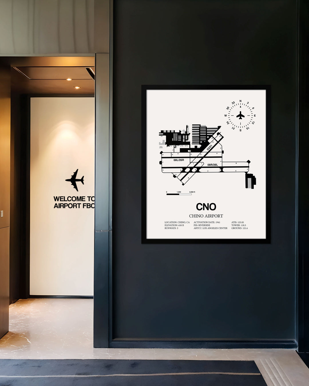 Framed Detailed Airport Map of Chino Airport (CNO) in White with a Black Frame