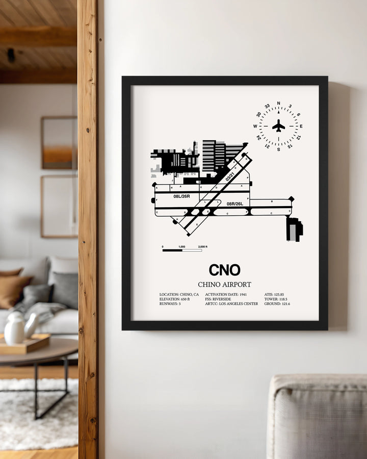 Framed Detailed Airport Map of Chino Airport (CNO) in White with a Black Frame