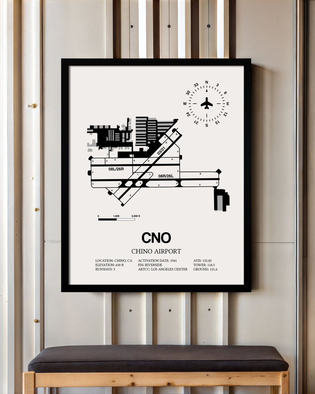 Framed Detailed Airport Map of Chino Airport (CNO) in White with a Black Frame
