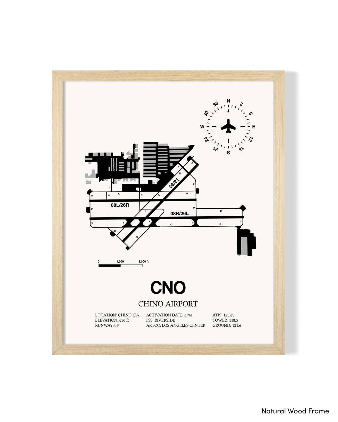 Detailed Airport Map of Chino Airport (CNO) in White with a Natural Frame