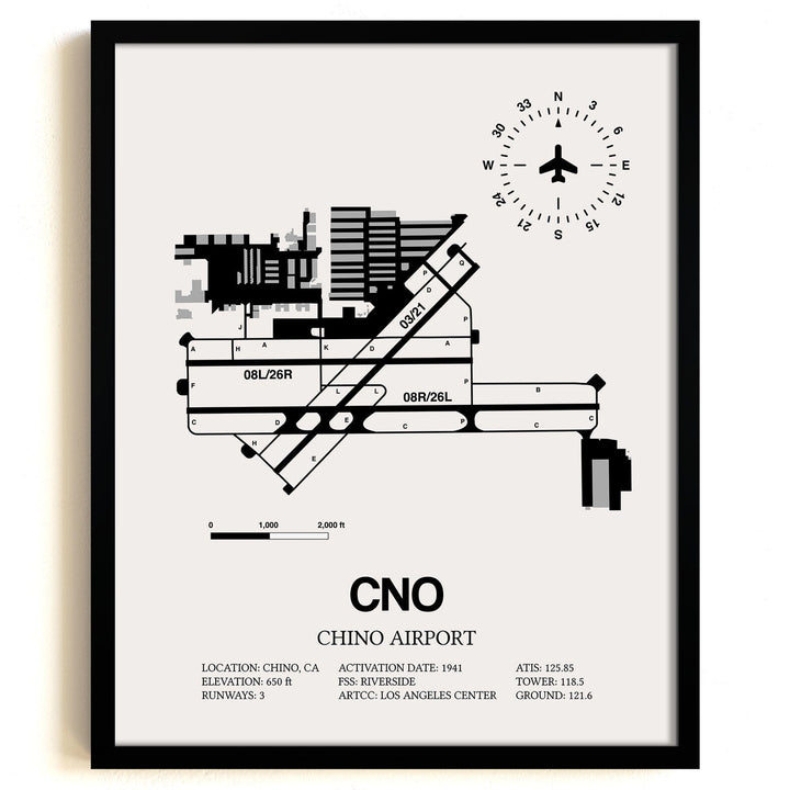 Framed Detailed Airport Map of Chino Airport (CNO) in White with a Black Frame