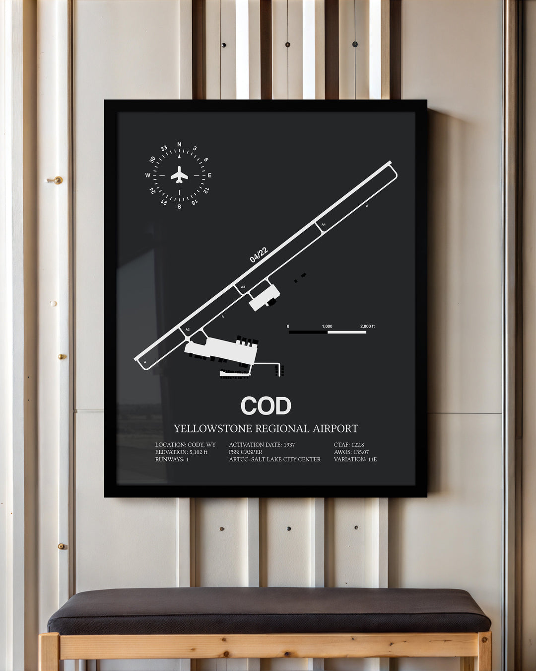Framed Detailed Airport Map of Yellowstone Regional Airport (COD) in Gray with a Black Frame