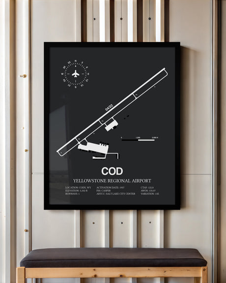 Framed Detailed Airport Map of Yellowstone Regional Airport (COD) in Gray with a Black Frame