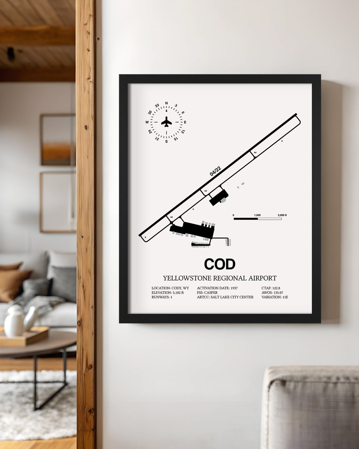 Framed Detailed Airport Map of Yellowstone Regional Airport (COD) in White with a Black Frame