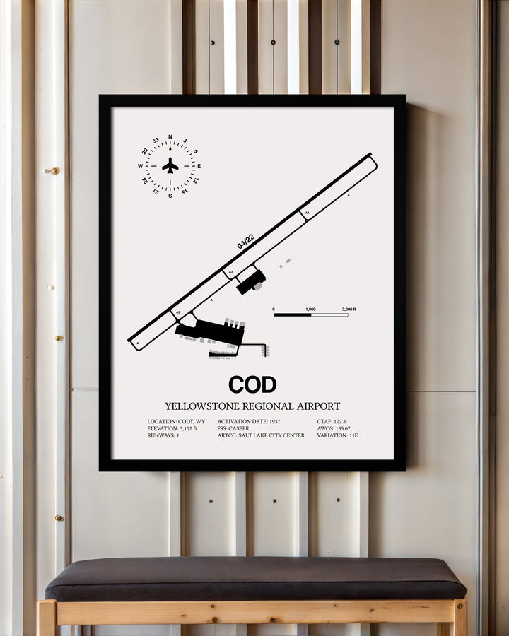 Framed Detailed Airport Map of Yellowstone Regional Airport (COD) in White with a Black Frame