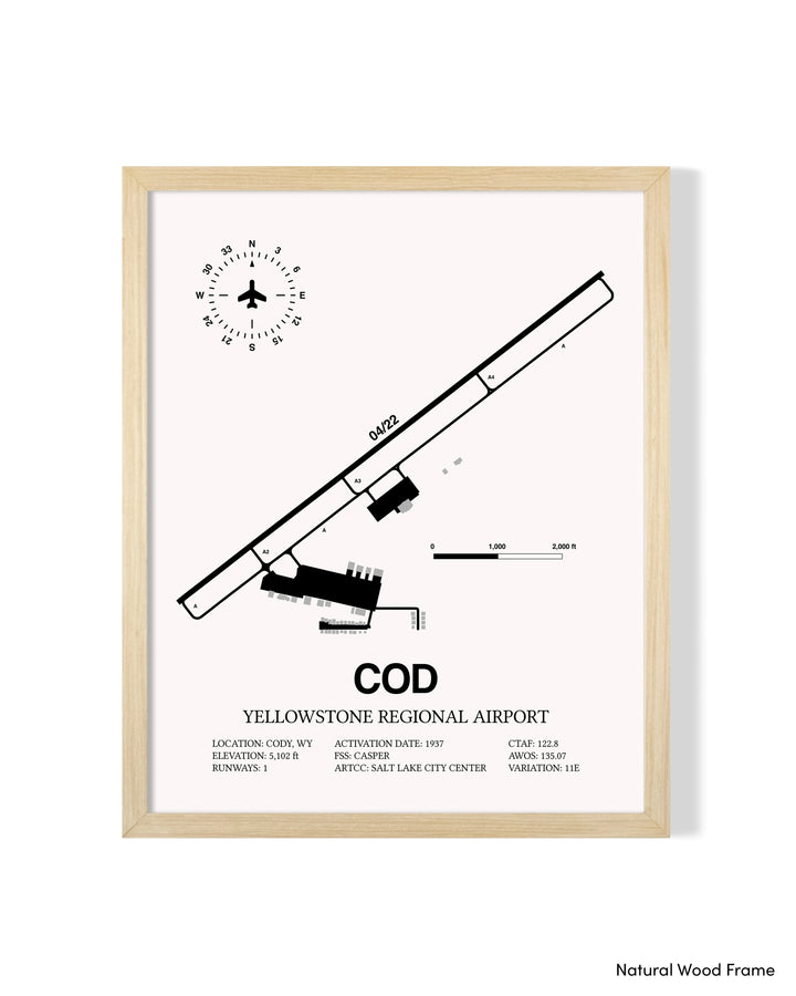 Detailed Airport Map of Yellowstone Regional Airport (COD) in White with a Natural Frame