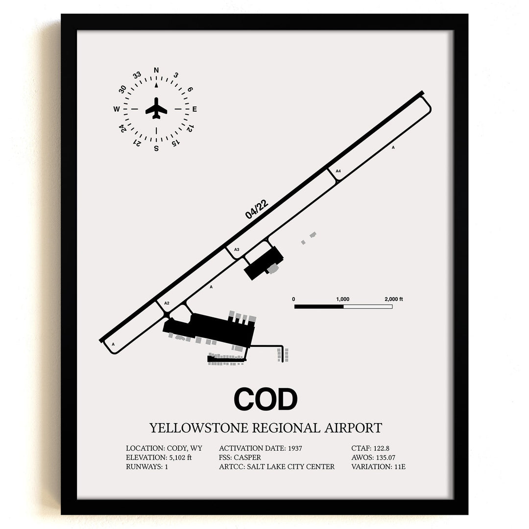 Framed Detailed Airport Map of Yellowstone Regional Airport (COD) in White with a Black Frame