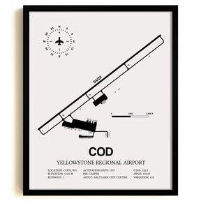 Framed Detailed Airport Map of Yellowstone Regional Airport (COD) in White with a Black Frame