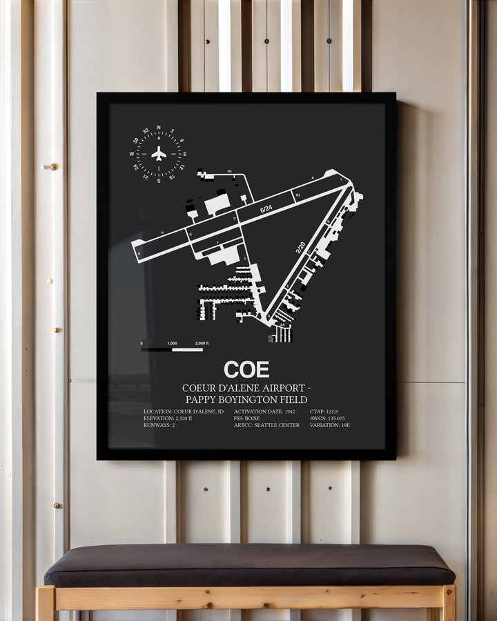 Framed Detailed Airport Map of Coeur d'Alene Airport - Pappy Boyington Field (COE) in Gray with a Black Frame