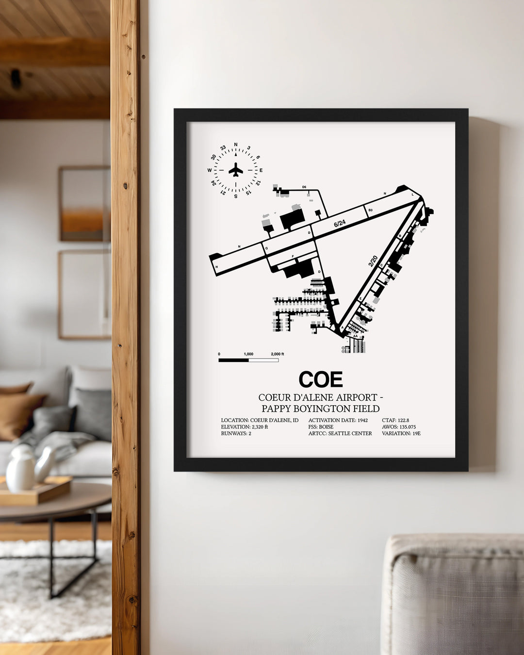 Framed Detailed Airport Map of Coeur d'Alene Airport - Pappy Boyington Field (COE) in White with a Black Frame