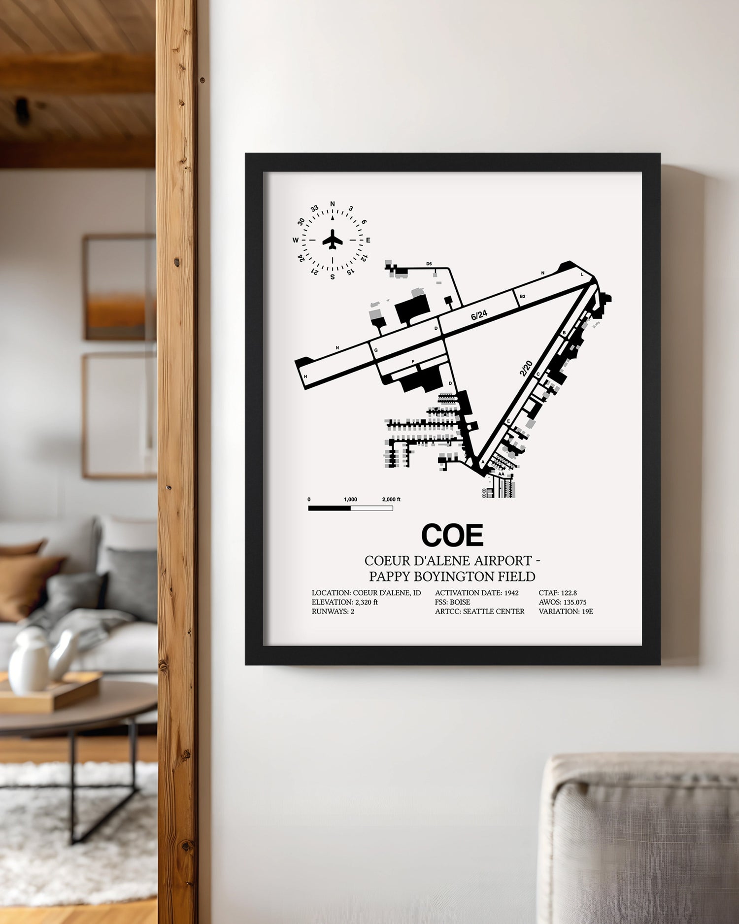 Framed Detailed Airport Map of Coeur d'Alene Airport - Pappy Boyington Field (COE) in White with a Black Frame