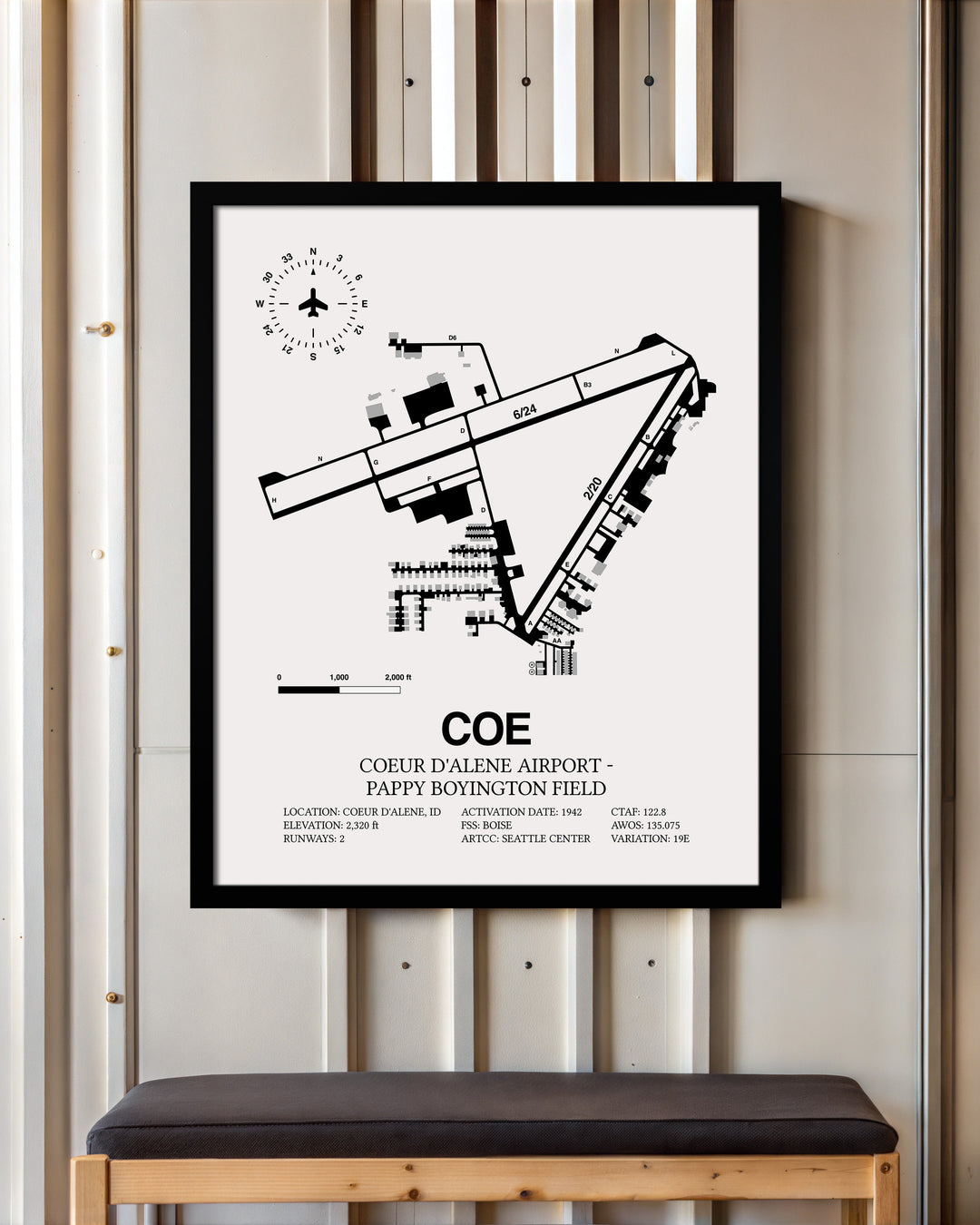 Framed Detailed Airport Map of Coeur d'Alene Airport - Pappy Boyington Field (COE) in White with a Black Frame