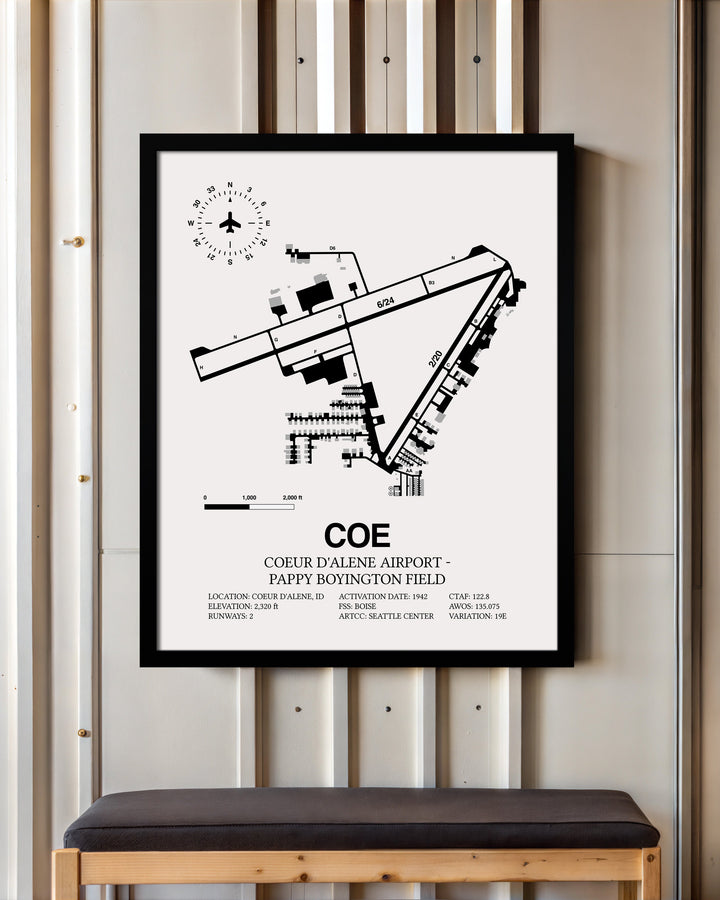 Framed Detailed Airport Map of Coeur d'Alene Airport - Pappy Boyington Field (COE) in White with a Black Frame