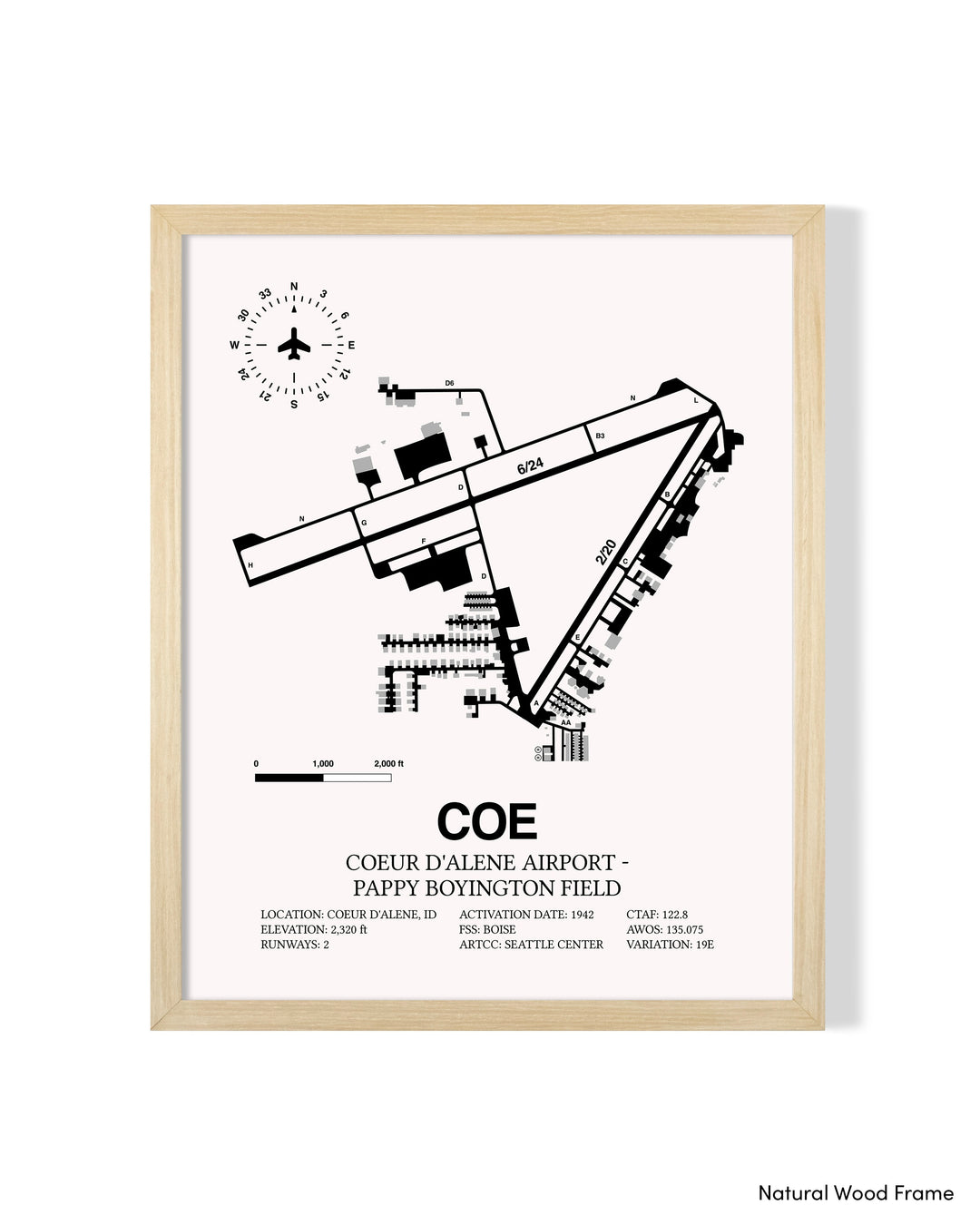 Detailed Airport Map of Coeur d'Alene Airport - Pappy Boyington Field (COE) in White with a Natural Frame