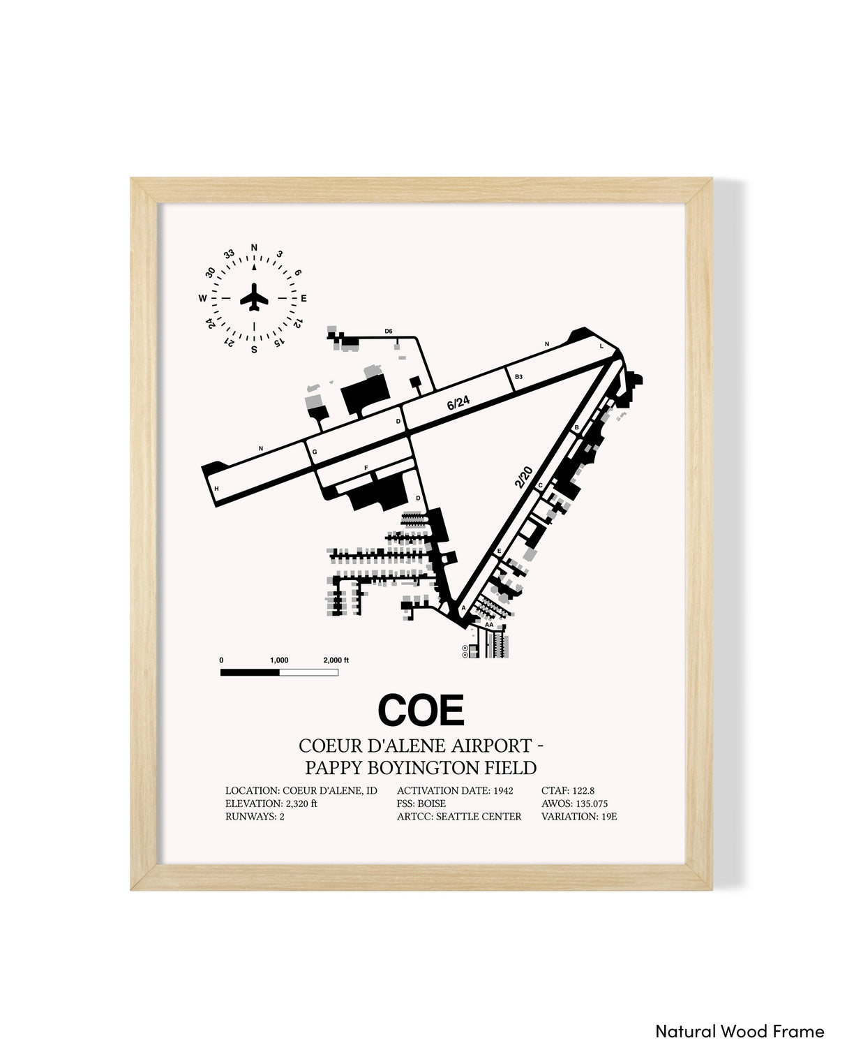 Detailed Airport Map of Coeur d'Alene Airport - Pappy Boyington Field (COE) in White with a Natural Frame