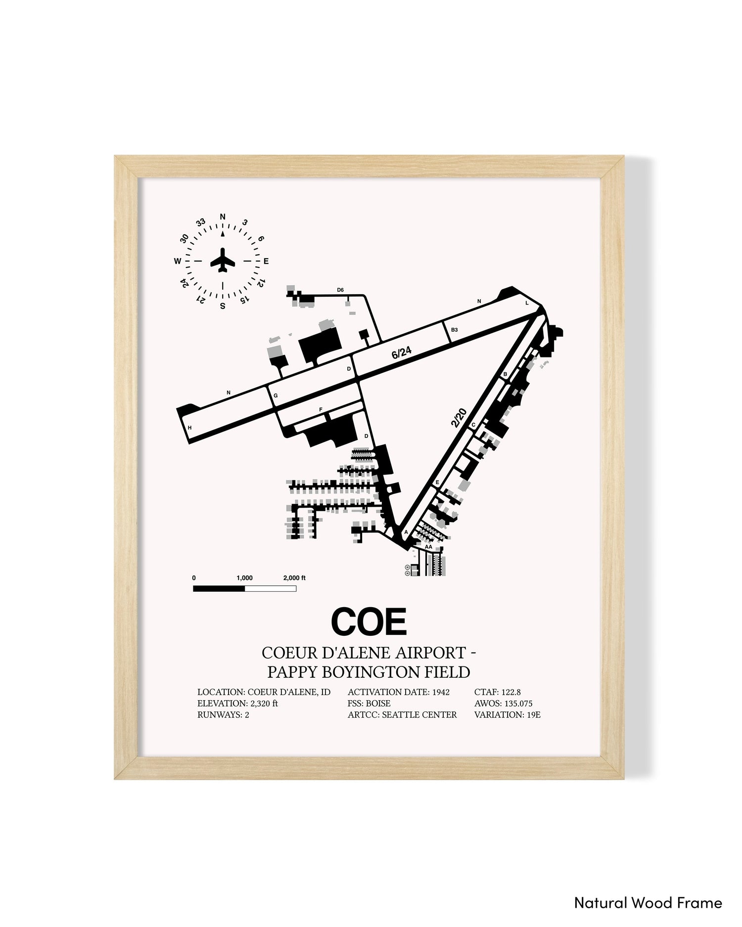 Detailed Airport Map of Coeur d'Alene Airport - Pappy Boyington Field (COE) in White with a Natural Frame