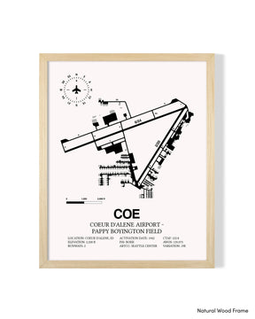 Detailed Airport Map of Coeur d'Alene Airport - Pappy Boyington Field (COE) in White with a Natural Frame