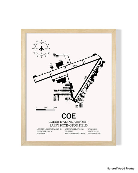 Detailed Airport Map of Coeur d'Alene Airport - Pappy Boyington Field (COE) in White with a Natural Frame