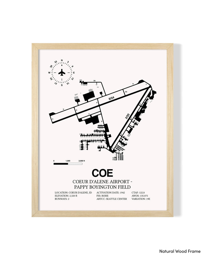 Detailed Airport Map of Coeur d'Alene Airport - Pappy Boyington Field (COE) in White with a Natural Frame