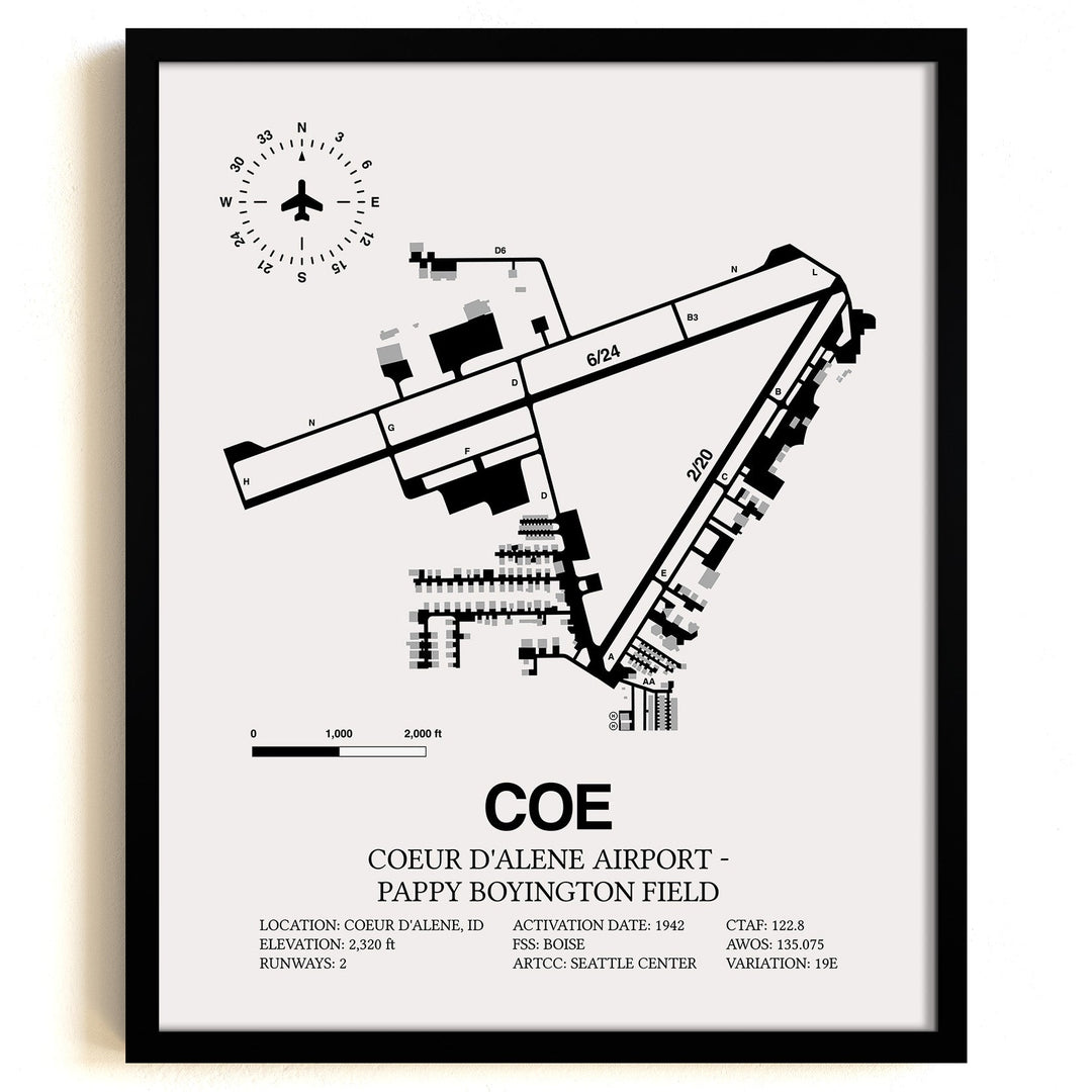 Framed Detailed Airport Map of Coeur d'Alene Airport - Pappy Boyington Field (COE) in White with a Black Frame