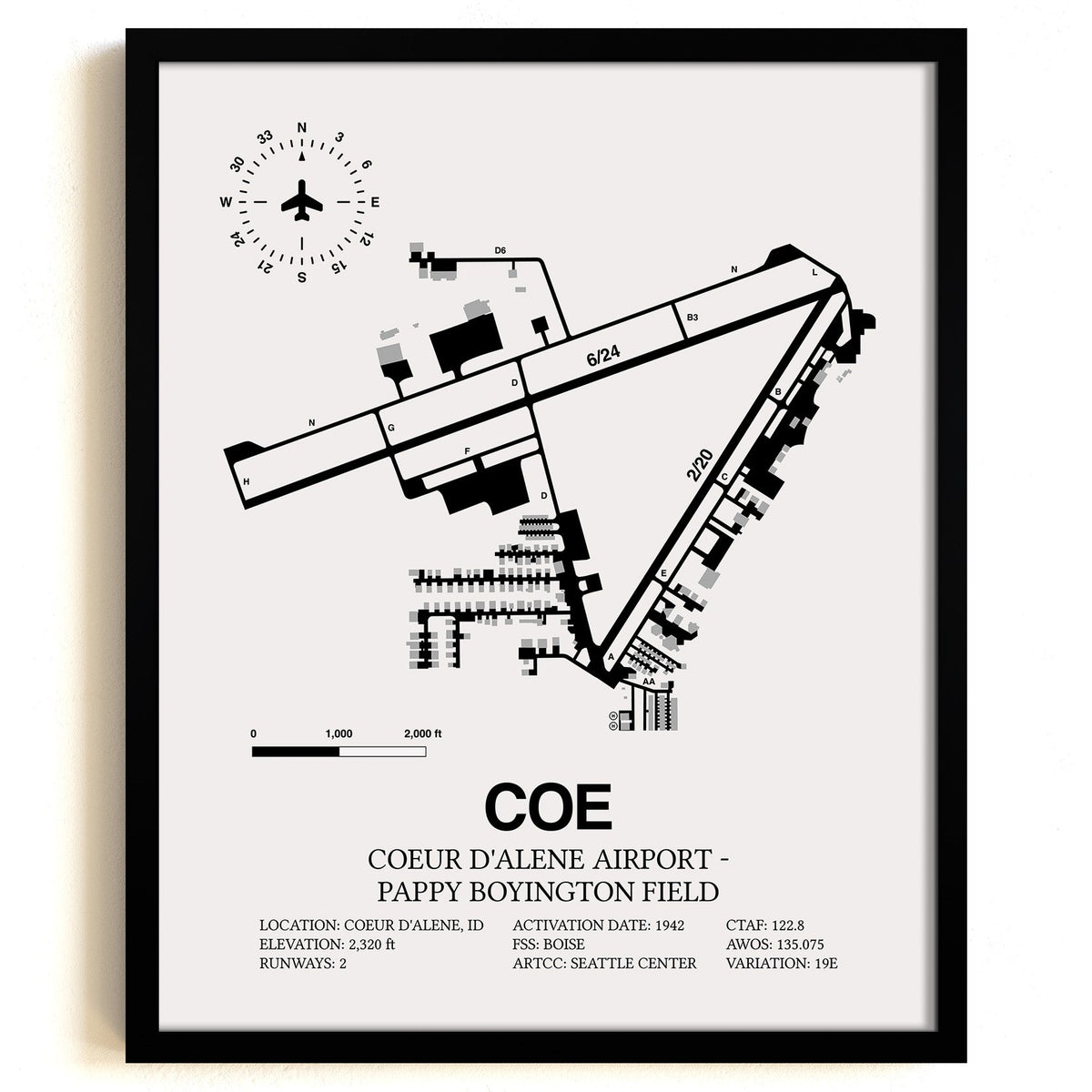 Framed Detailed Airport Map of Coeur d'Alene Airport - Pappy Boyington Field (COE) in White with a Black Frame