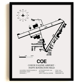 Framed Detailed Airport Map of Coeur d'Alene Airport - Pappy Boyington Field (COE) in White with a Black Frame
