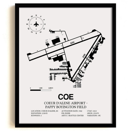 Framed Detailed Airport Map of Coeur d'Alene Airport - Pappy Boyington Field (COE) in White with a Black Frame