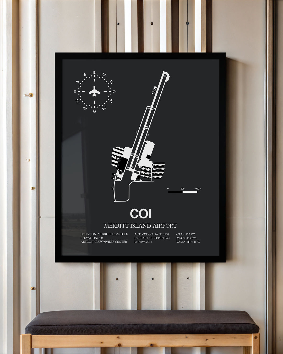 Framed Detailed Airport Map of Merritt Island Airport (COI) in Gray with a Black Frame