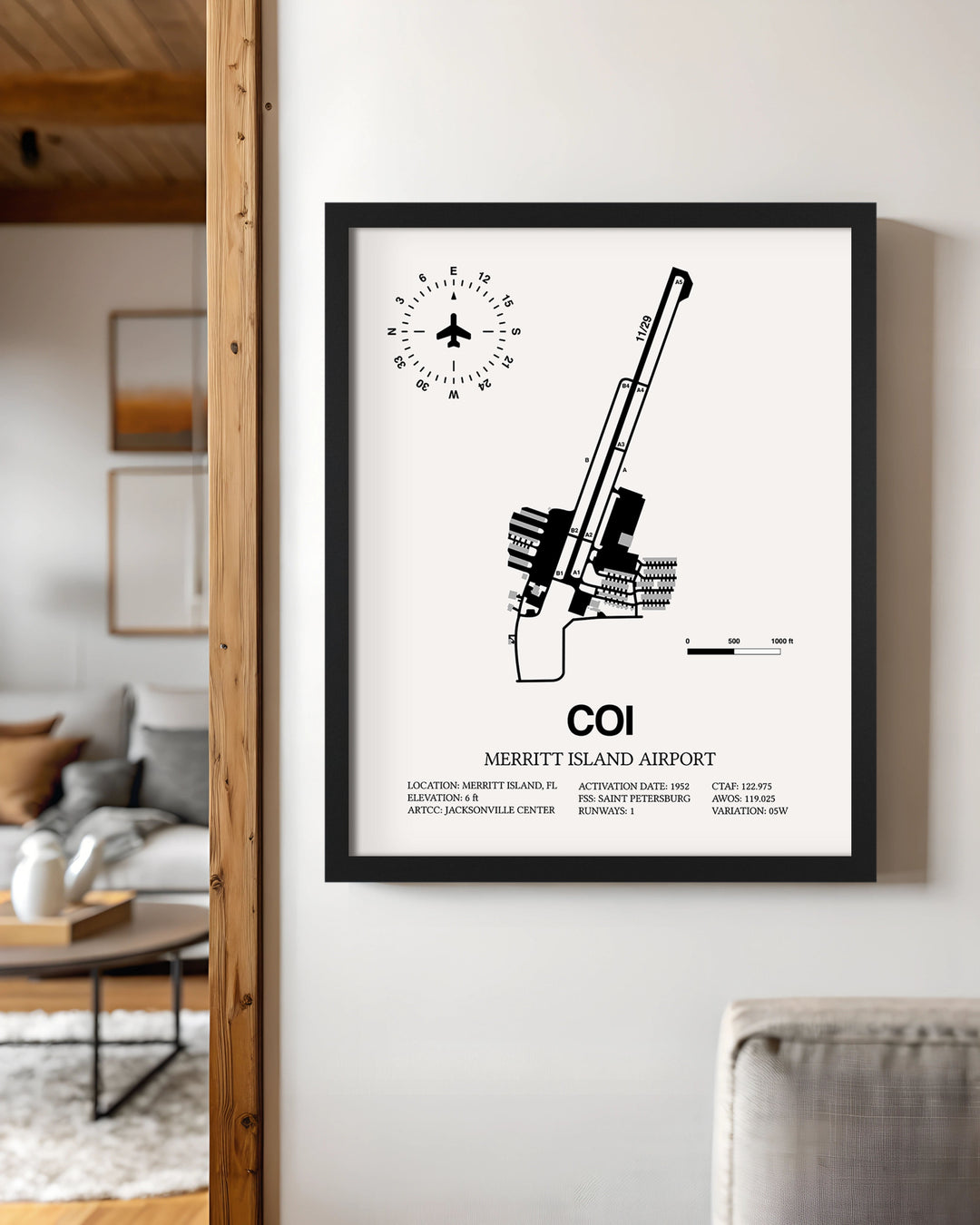 Framed Detailed Airport Map of Merritt Island Airport (COI) in White with a Black Frame