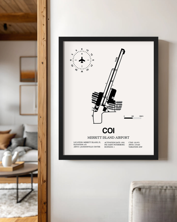 Framed Detailed Airport Map of Merritt Island Airport (COI) in White with a Black Frame