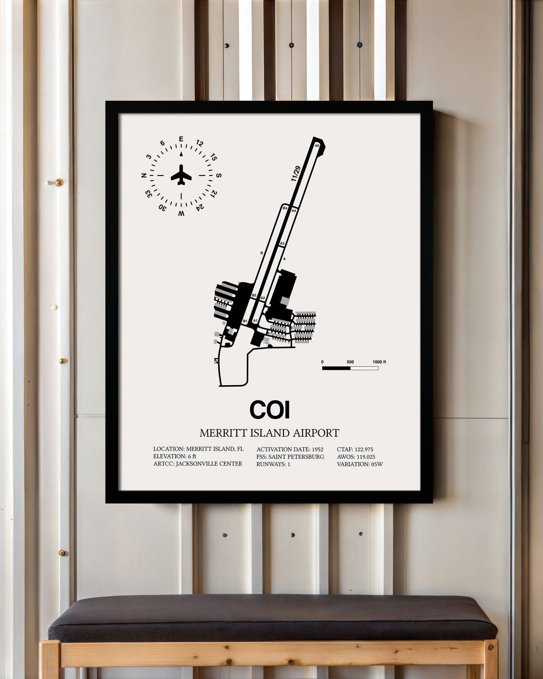 Framed Detailed Airport Map of Merritt Island Airport (COI) in White with a Black Frame