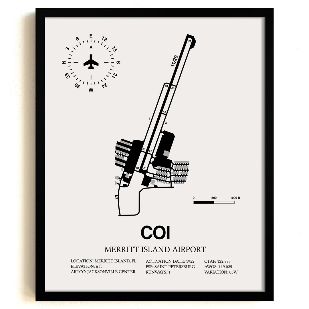 Framed Detailed Airport Map of Merritt Island Airport (COI) in White with a Black Frame