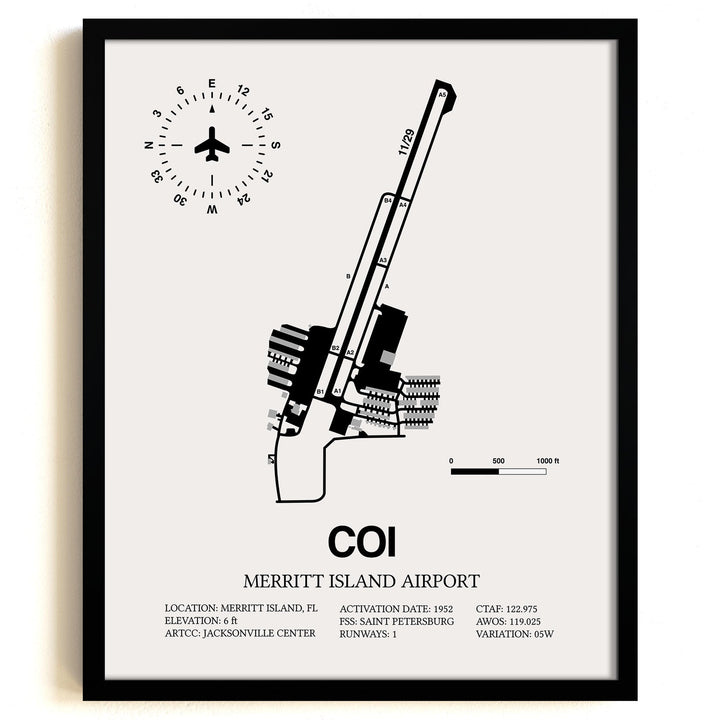 Framed Detailed Airport Map of Merritt Island Airport (COI) in White with a Black Frame