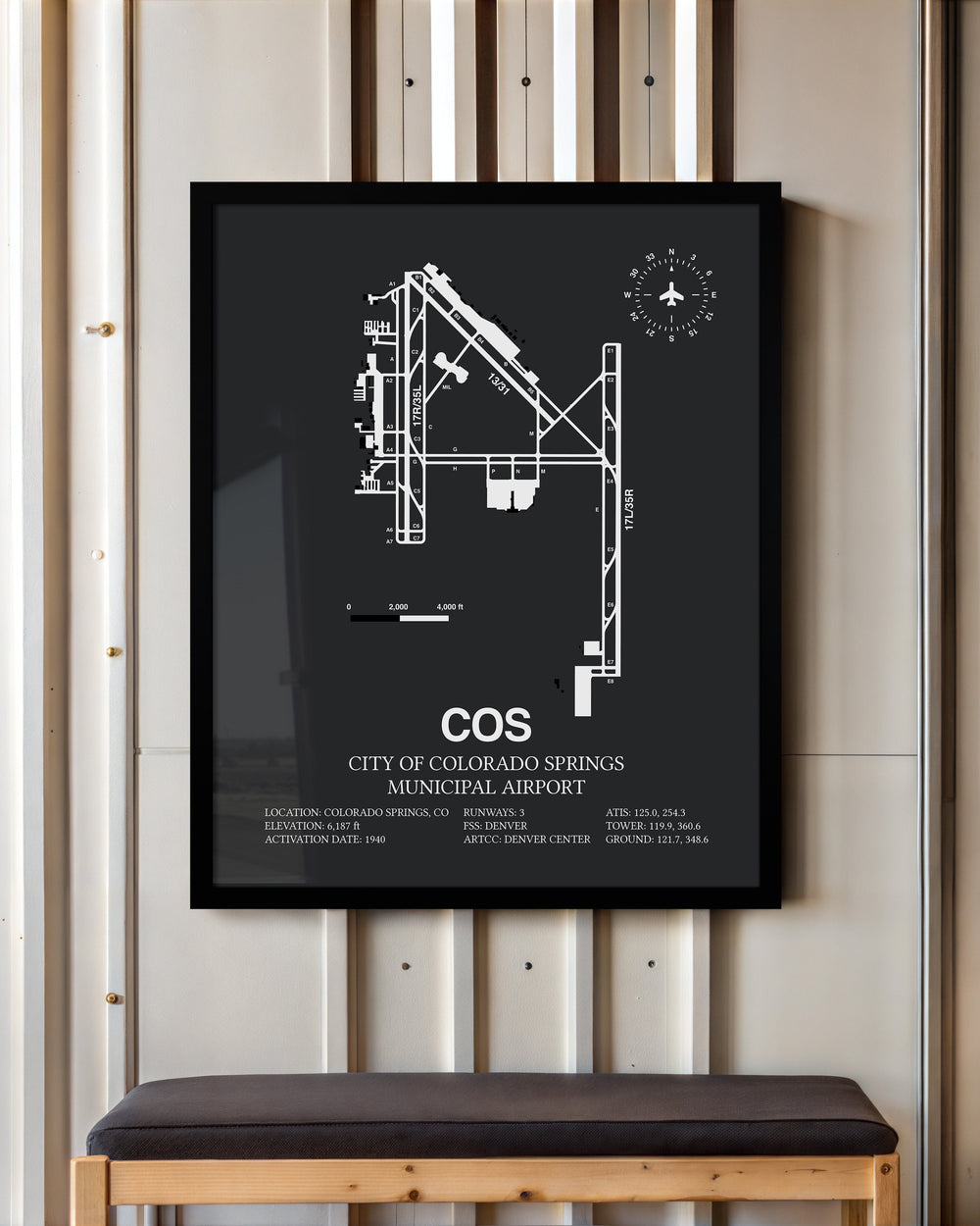 Framed Detailed Airport Map of City of Colorado Springs Municipal Airport (COS) in Gray with a Black Frame