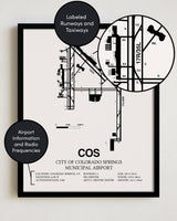 Framed Detailed Airport Map of City of Colorado Springs Municipal Airport (COS) in White with a Black Frame
