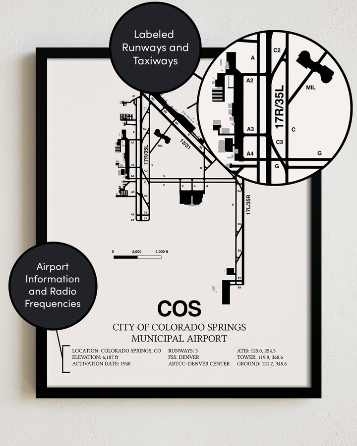 Framed Detailed Airport Map of City of Colorado Springs Municipal Airport (COS) in White with a Black Frame