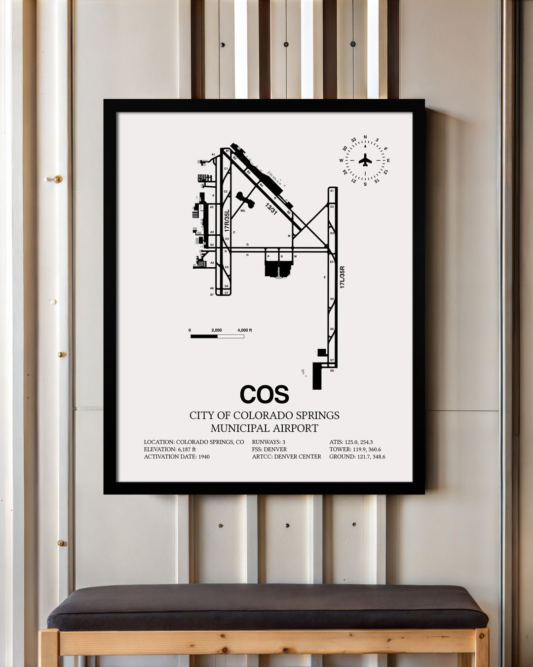 Framed Detailed Airport Map of City of Colorado Springs Municipal Airport (COS) in White with a Black Frame