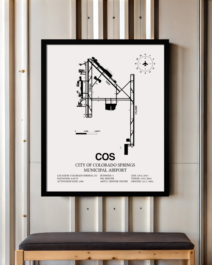 Framed Detailed Airport Map of City of Colorado Springs Municipal Airport (COS) in White with a Black Frame