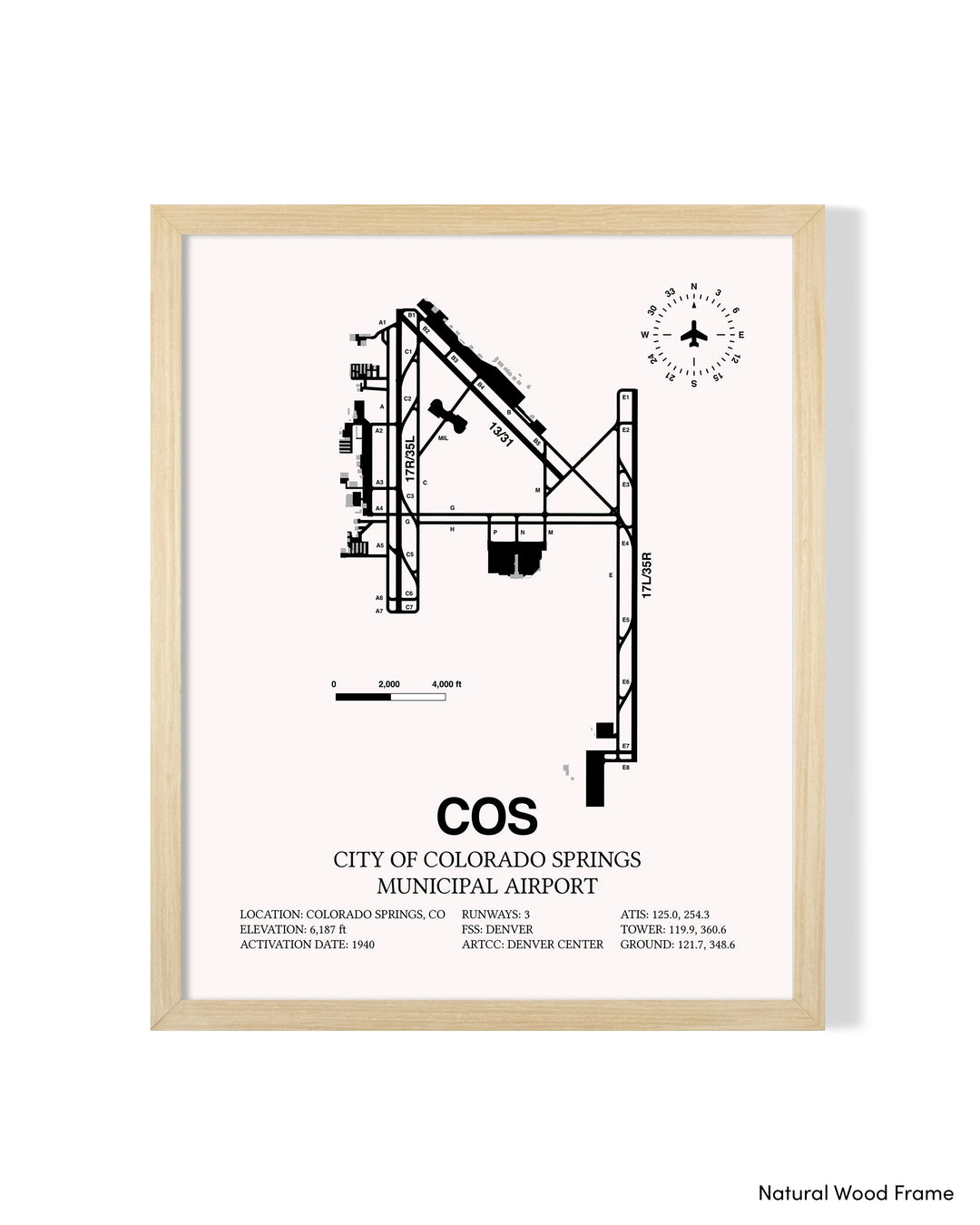 Detailed Airport Map of City of Colorado Springs Municipal Airport (COS) in White with a Natural Frame