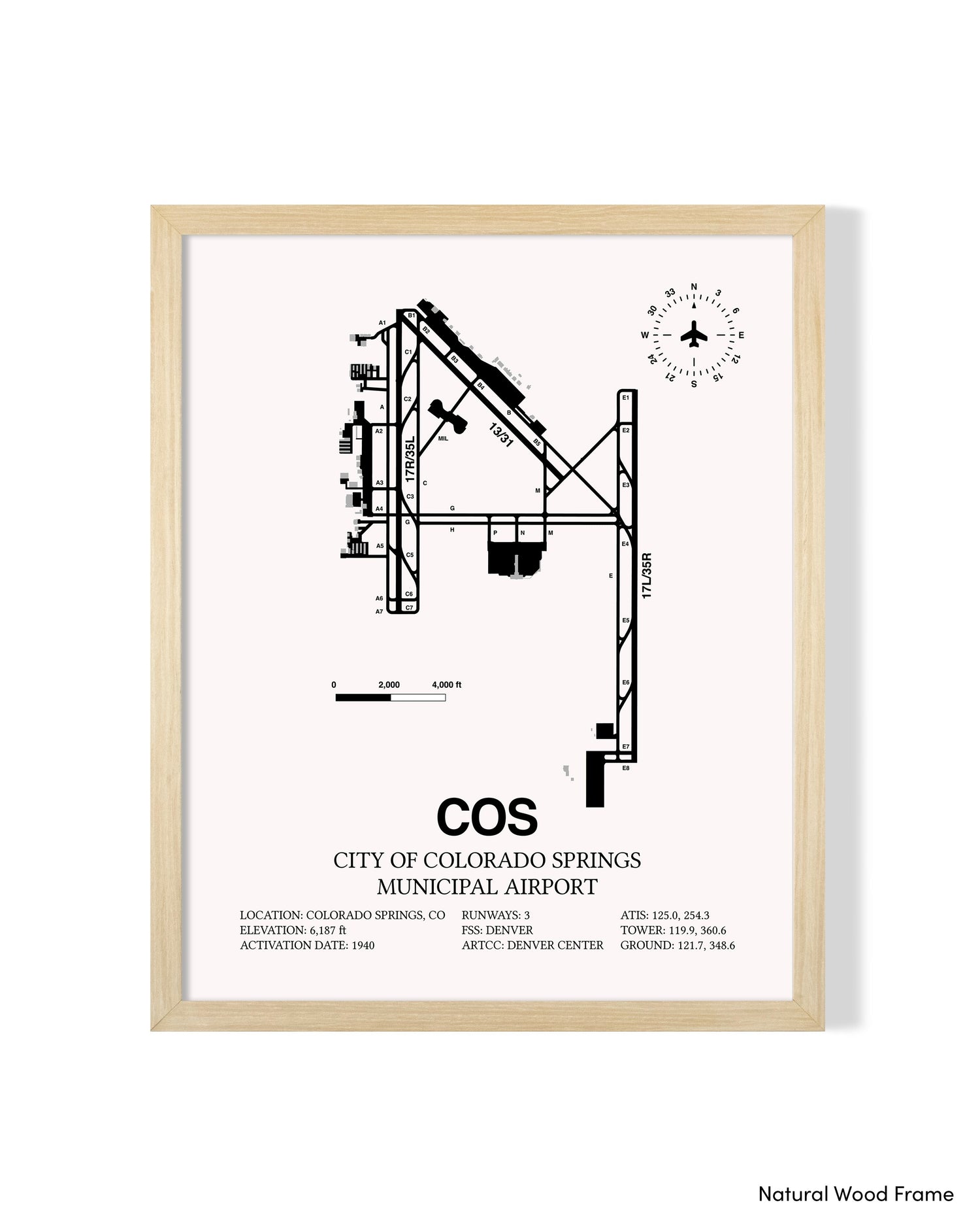 Detailed Airport Map of City of Colorado Springs Municipal Airport (COS) in White with a Natural Frame