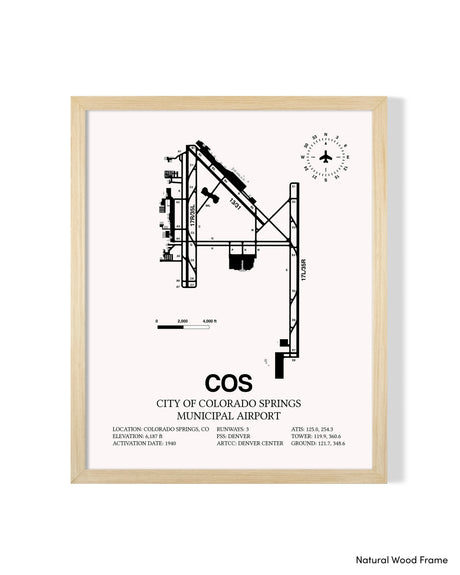 Detailed Airport Map of City of Colorado Springs Municipal Airport (COS) in White with a Natural Frame
