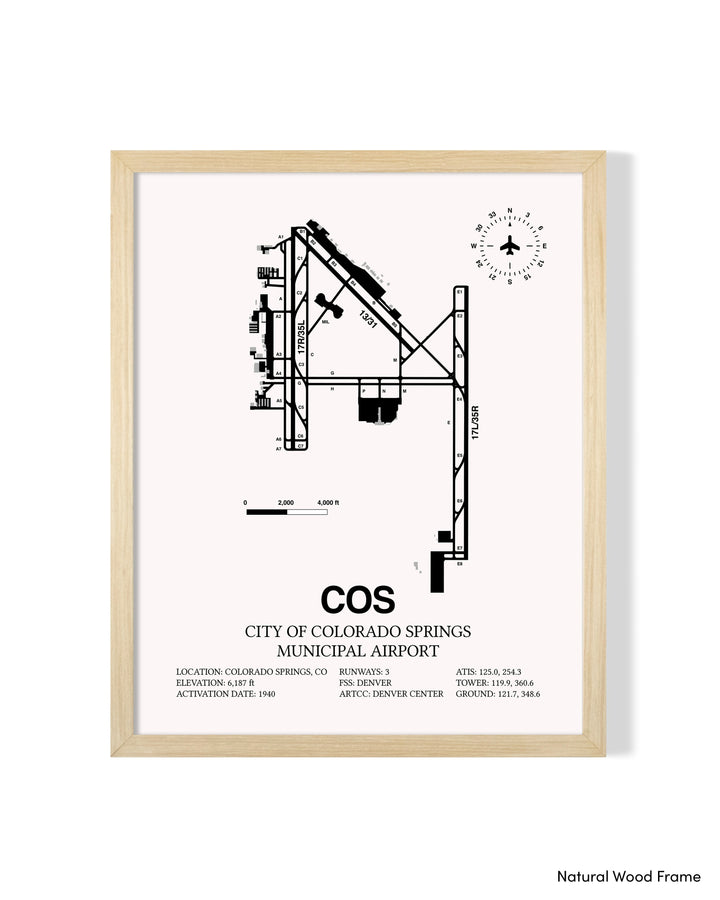 Detailed Airport Map of City of Colorado Springs Municipal Airport (COS) in White with a Natural Frame