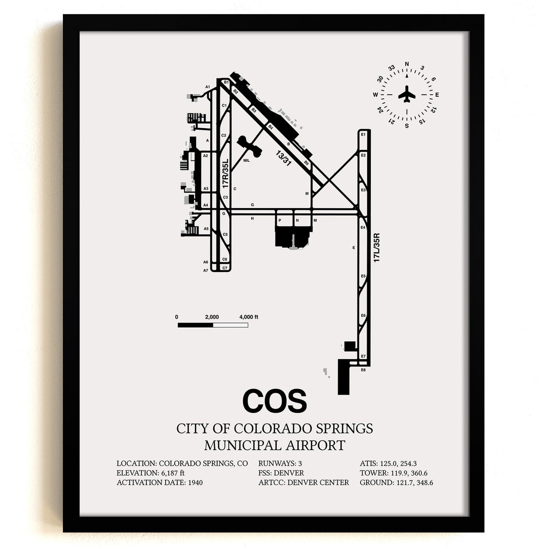 Framed Detailed Airport Map of City of Colorado Springs Municipal Airport (COS) in White with a Black Frame