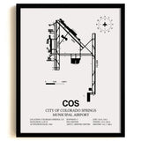 Framed Detailed Airport Map of City of Colorado Springs Municipal Airport (COS) in White with a Black Frame
