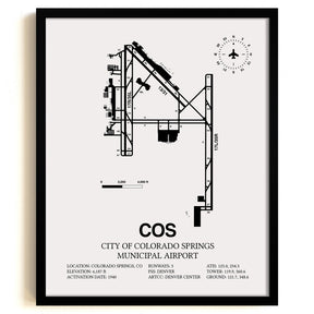 Framed Detailed Airport Map of City of Colorado Springs Municipal Airport (COS) in White with a Black Frame
