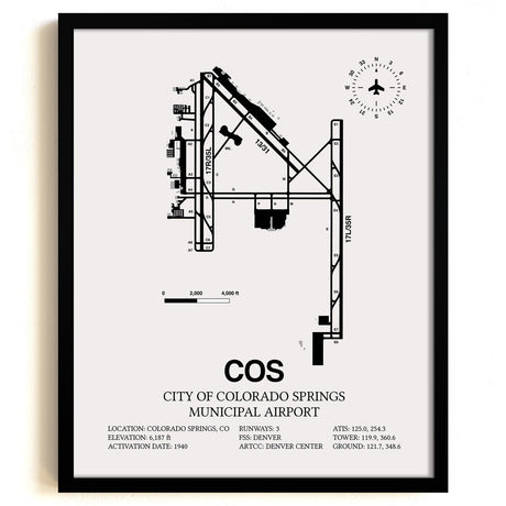 Framed Detailed Airport Map of City of Colorado Springs Municipal Airport (COS) in White with a Black Frame