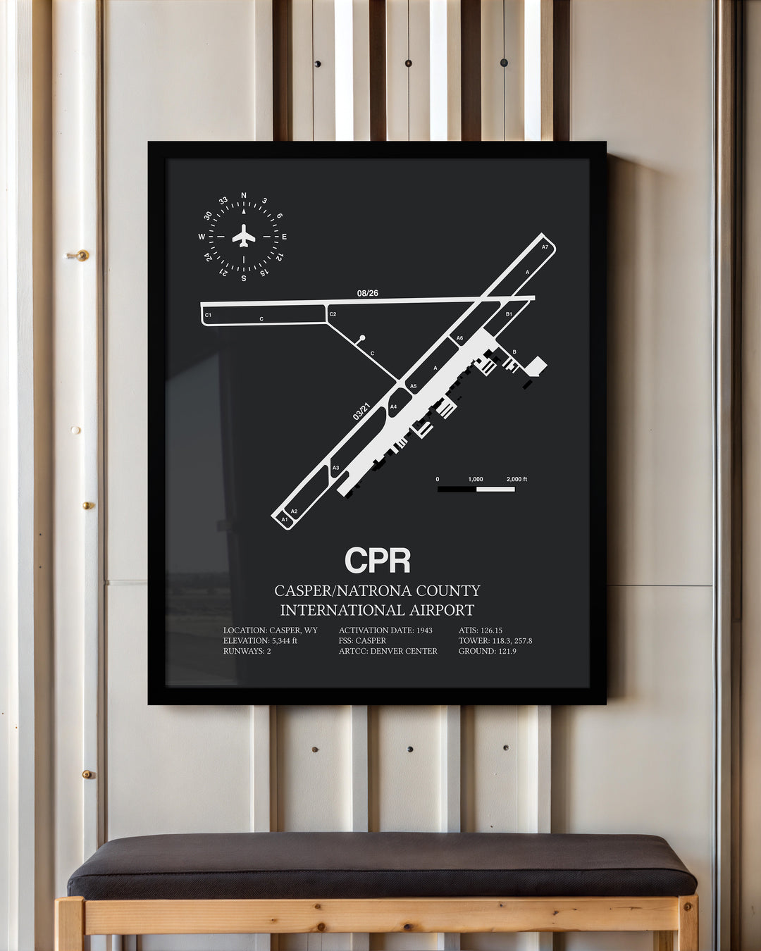 Framed Detailed Airport Map of Casper/Natrona County International Airport (CPR) in Gray with a Black Frame