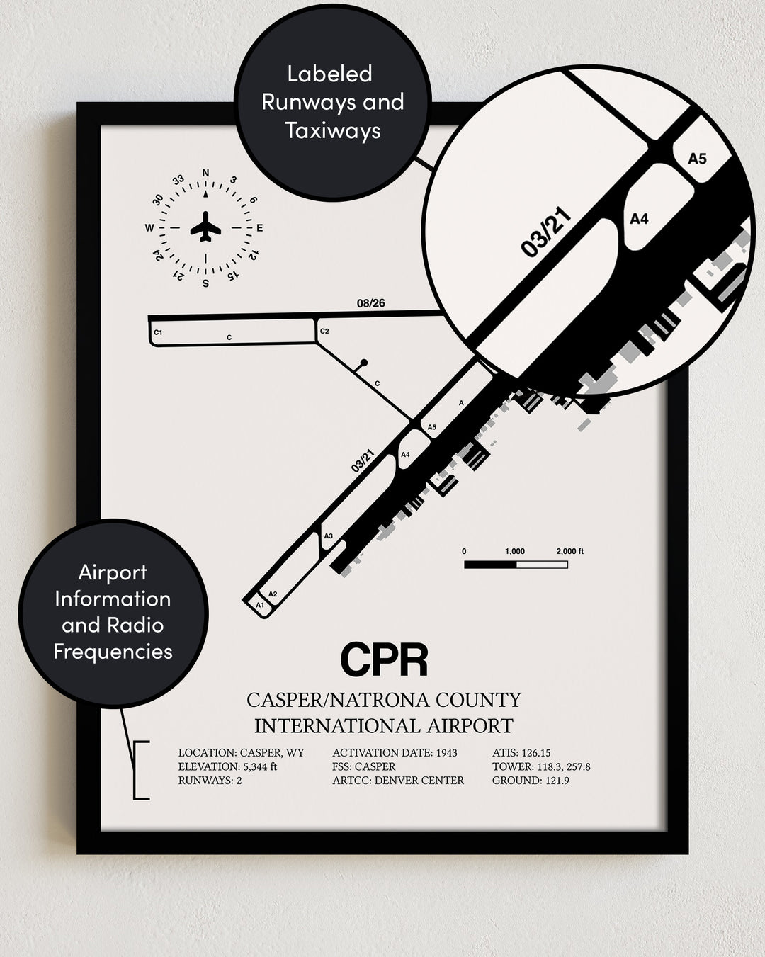 Framed Detailed Airport Map of Casper/Natrona County International Airport (CPR) in White with a Black Frame