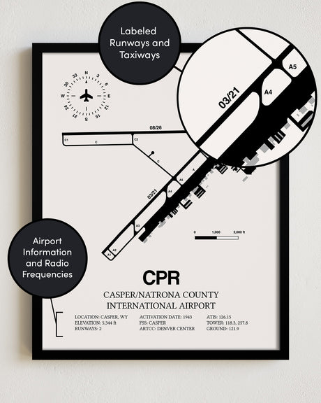 Framed Detailed Airport Map of Casper/Natrona County International Airport (CPR) in White with a Black Frame