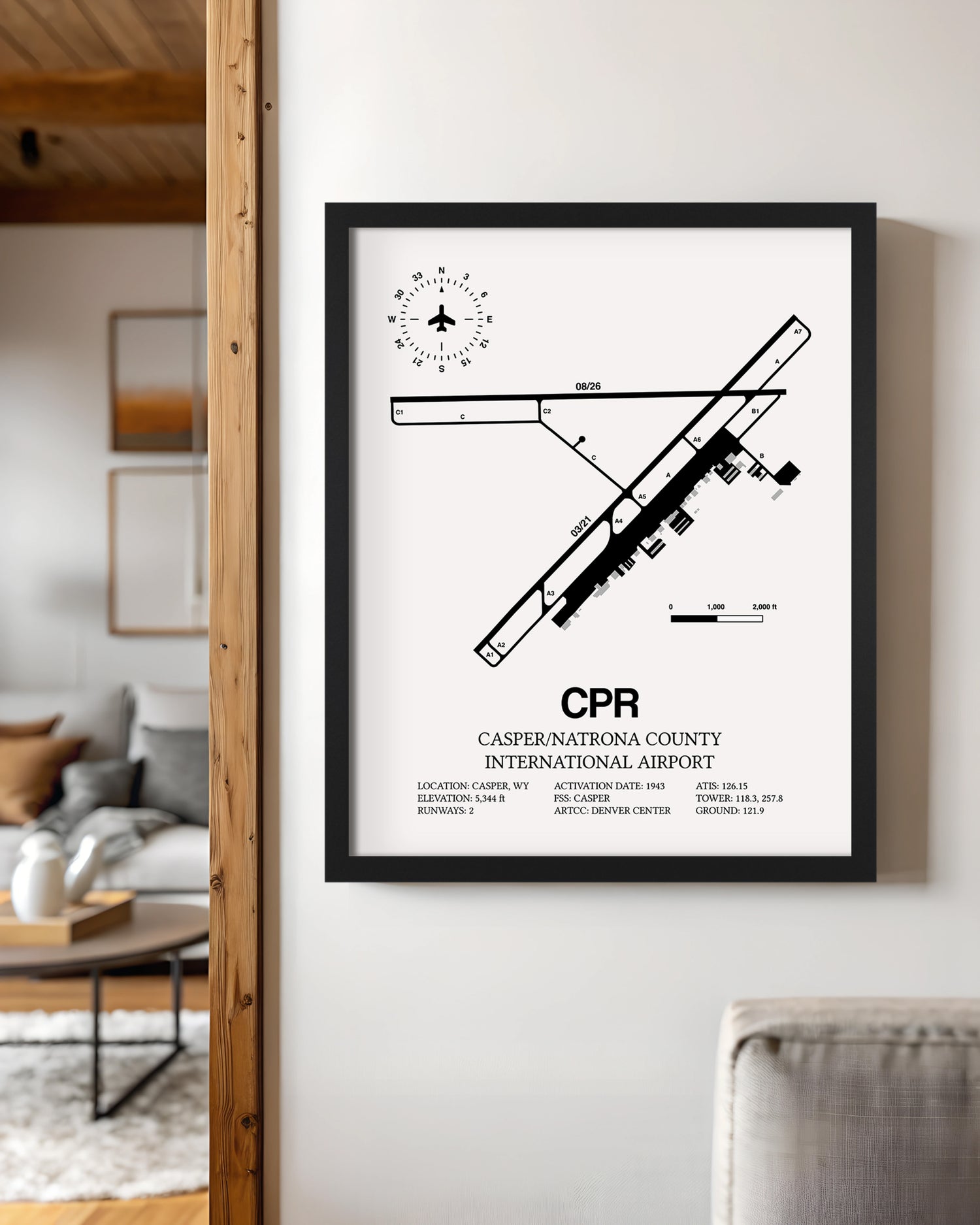 Framed Detailed Airport Map of Casper/Natrona County International Airport (CPR) in White with a Black Frame